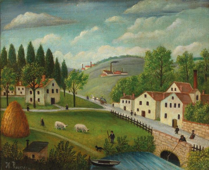 Pastoral landscape with stream, fisherman and strollers