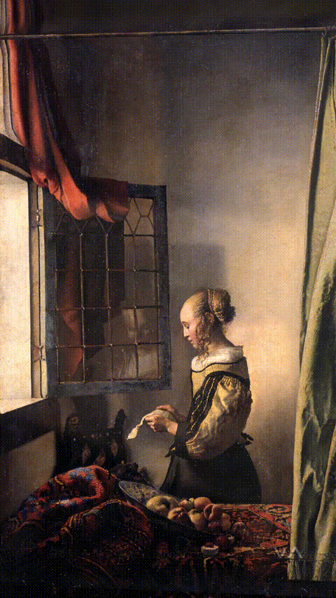 Girl reading a letter at an open window